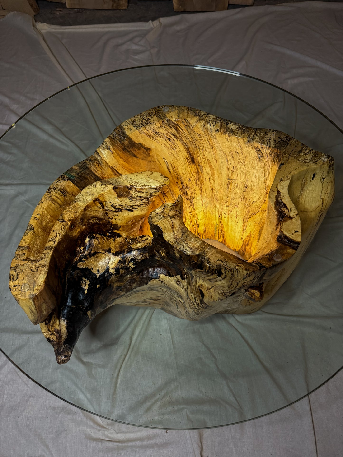 Live Wood Coffee Table With Remote Control Lights - Spalted Maple Log Tempered Glass Top